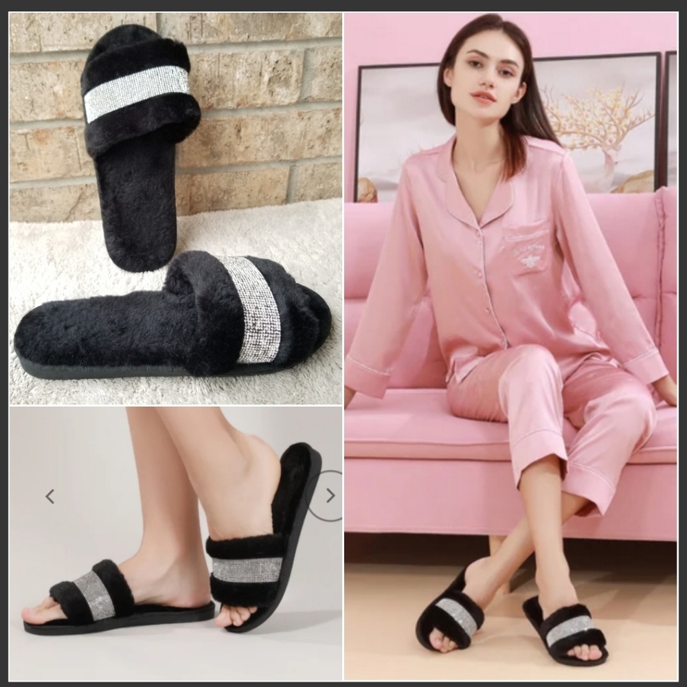 Glampers Sydney Black Faux Fur open-toe slippers w/Crystal Strip (Womens 10)